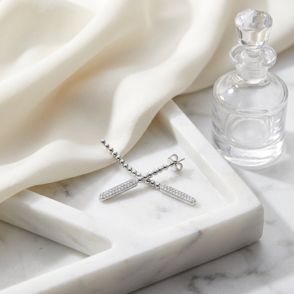 Diamond Stick With Bead Dangle Earrings In 14k White Gold — atelier still life