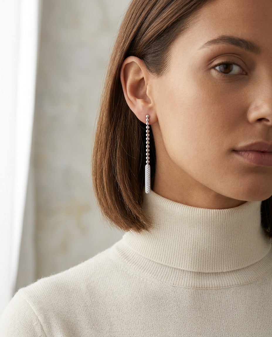 Diamond Stick With Bead Dangle Earrings In 14k White Gold — editorial close-up