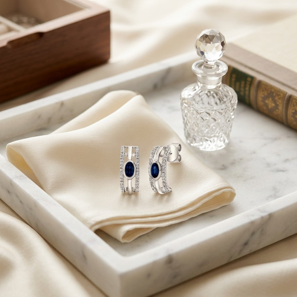 Sapphire And Diamond Open Work Earrings In 14k White Gold (1/4 Ct.tw.) — marble silk