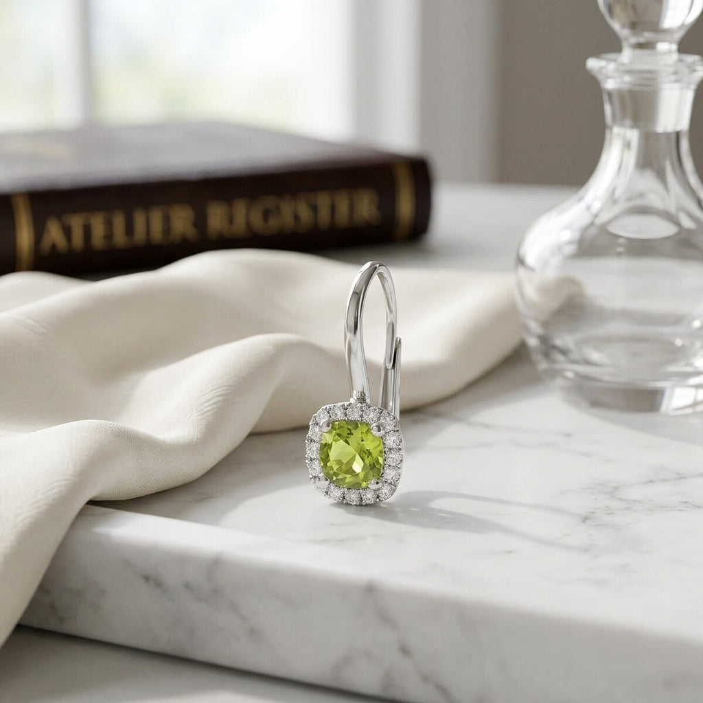 Peridot And Diamond Square Halo Lever Back Earrings In 14k White Gold — atelier still life