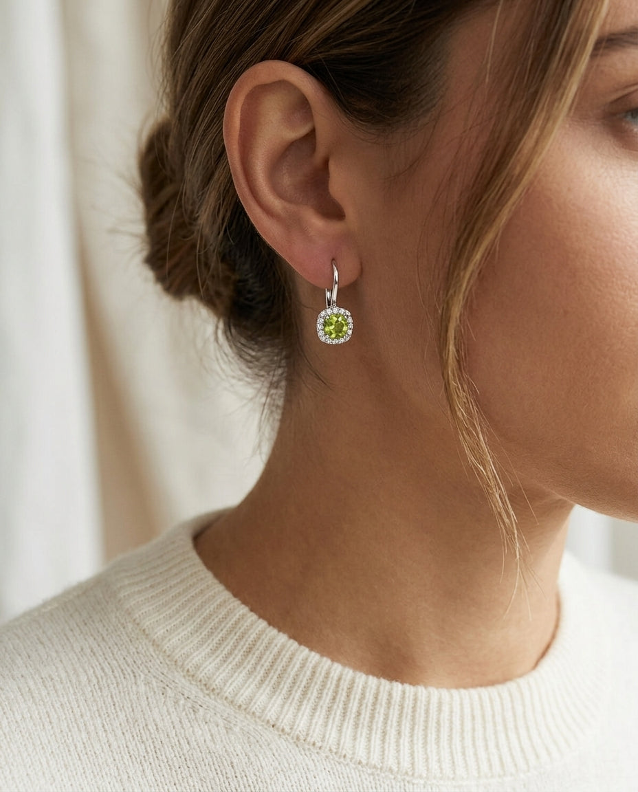 Peridot And Diamond Square Halo Lever Back Earrings In 14k White Gold — editorial close-up