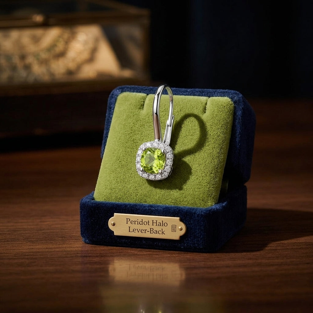 Peridot And Diamond Square Halo Lever Back Earrings In 14k White Gold — gift presentation