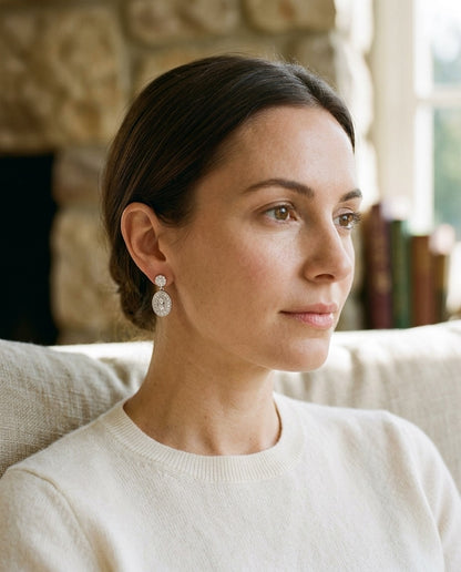 Diamond Oval Halo Dangle Earrings in 14k White Gold (3/8ctw) — portrait close