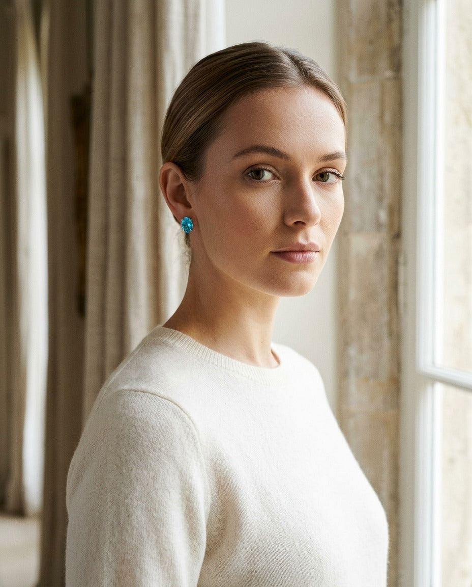 Blue Topaz Oval Stud Earrings in 14k White Gold (8x6mm) — portrait full