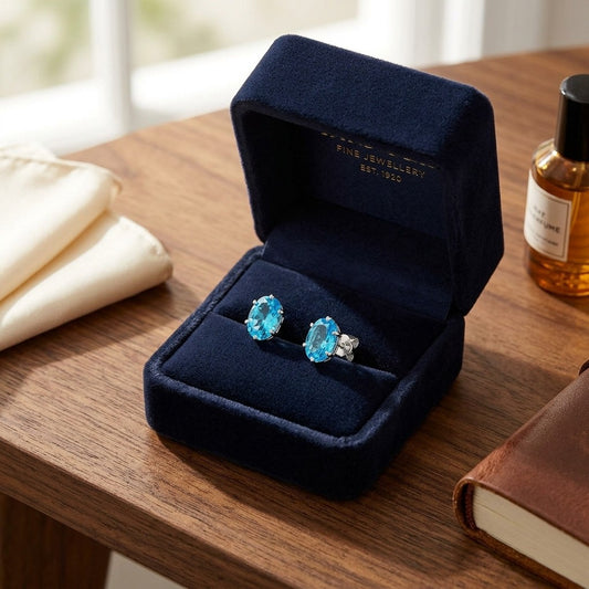 Blue Topaz Oval Stud Earrings in 14k White Gold (8x6mm) — velvet box