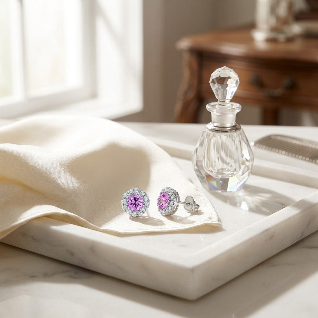 Pink Sapphire and Diamond Halo Earrings in 14k White Gold — marble silk