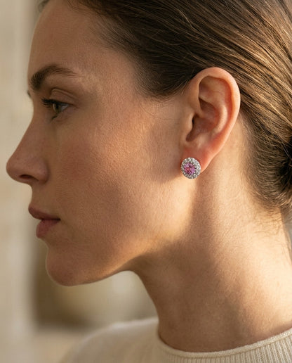 Pink Sapphire and Diamond Halo Earrings in 14k White Gold — portrait close
