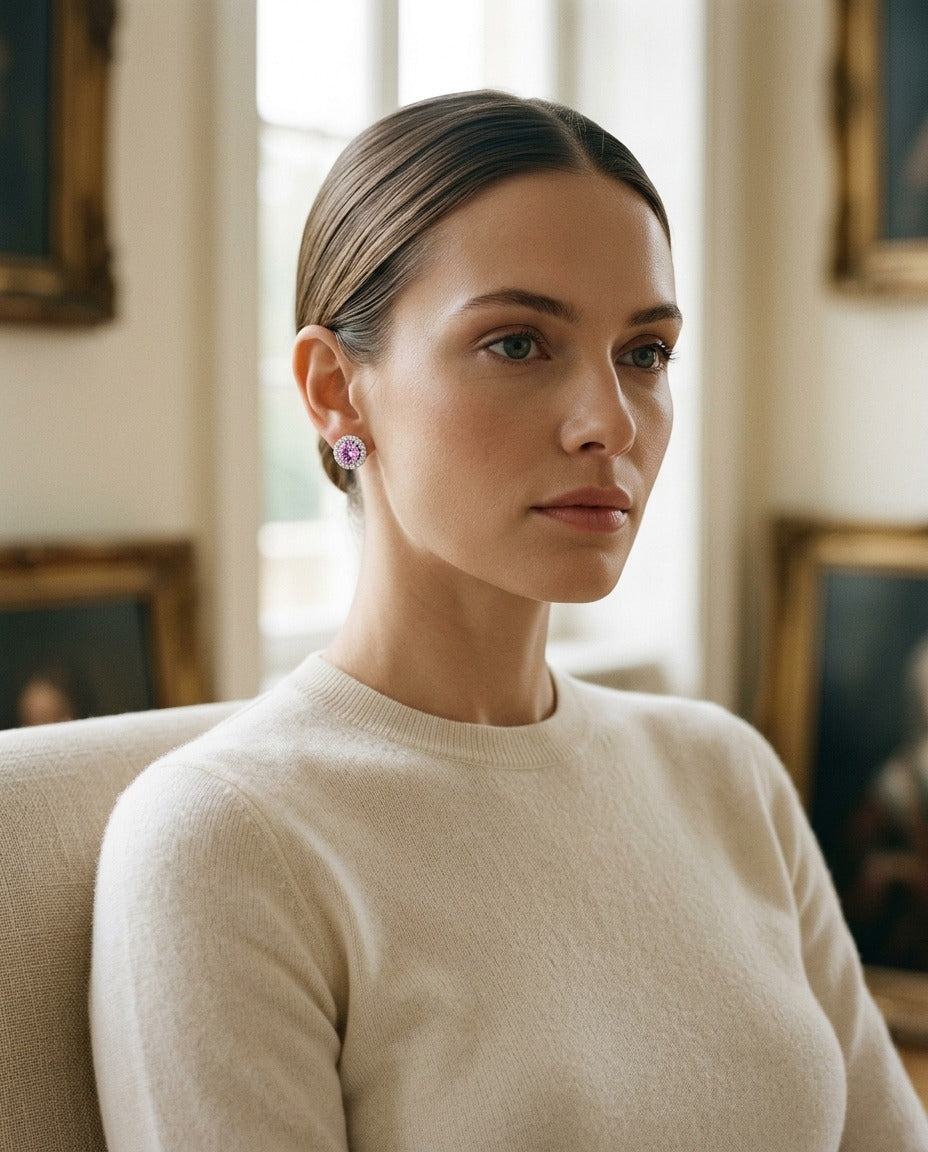 Pink Sapphire and Diamond Halo Earrings in 14k White Gold — portrait full