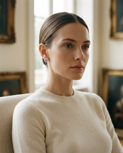 Pink Sapphire and Diamond Halo Earrings in 14k White Gold — portrait full