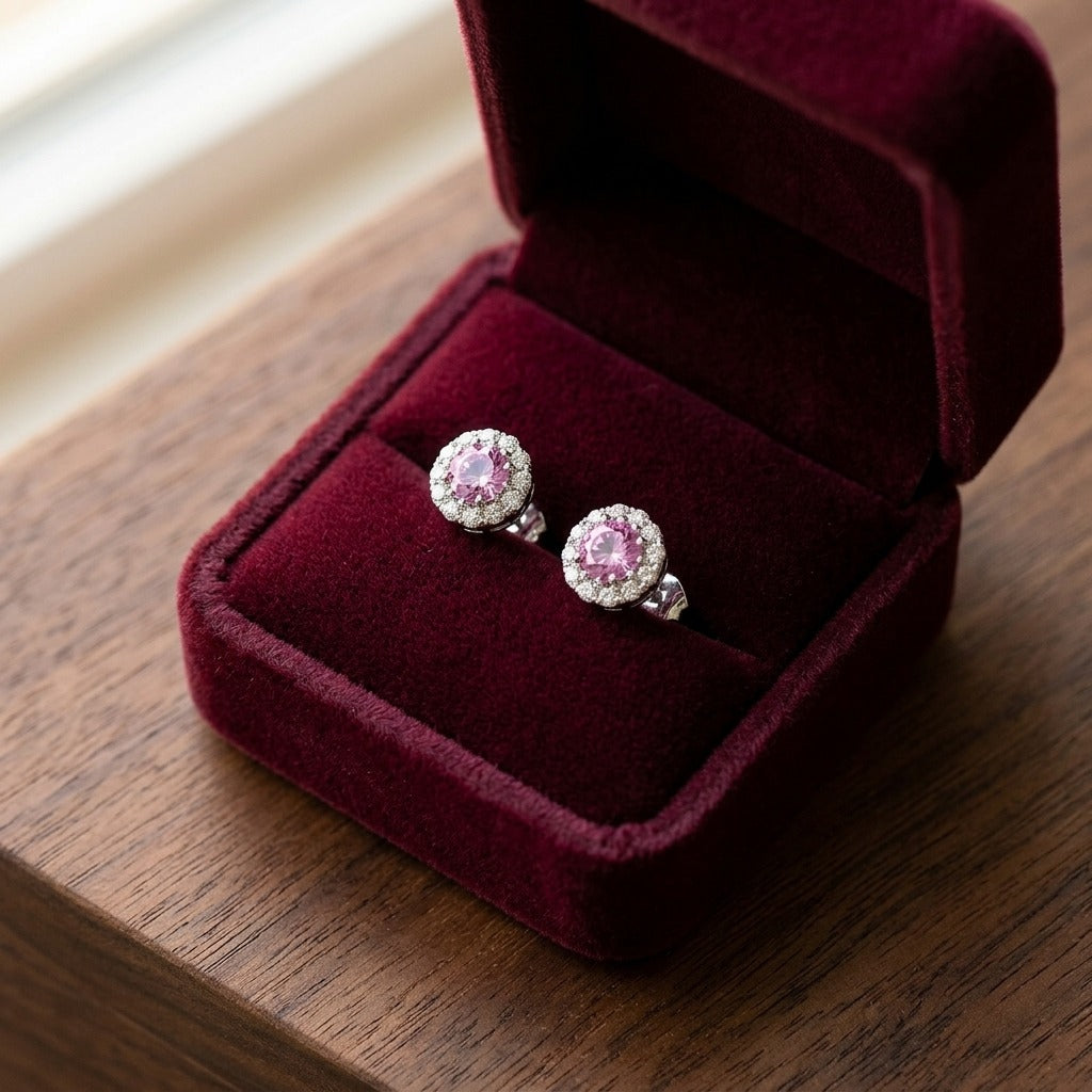Pink Sapphire and Diamond Halo Earrings in 14k White Gold — velvet box