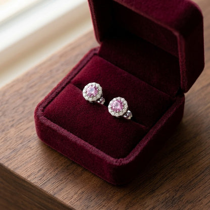 Pink Sapphire and Diamond Halo Earrings in 14k White Gold — velvet box