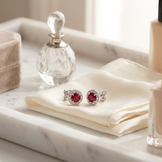 Ruby and Diamond Halo Earrings in 14k White Gold — marble silk