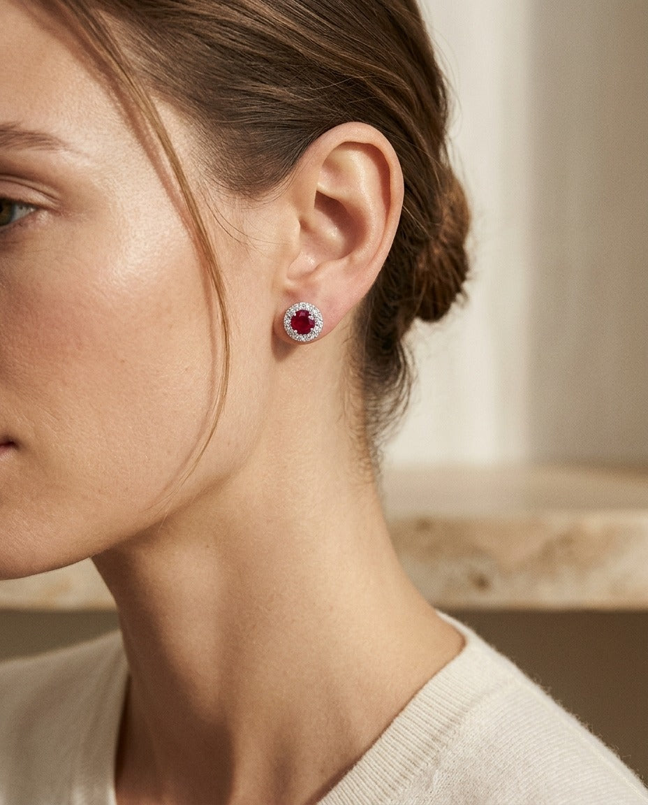 Ruby and Diamond Halo Earrings in 14k White Gold — portrait close