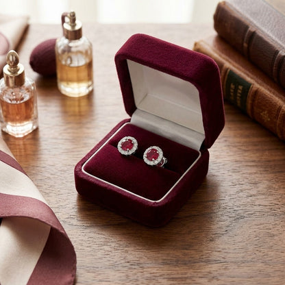 Ruby and Diamond Halo Earrings in 14k White Gold — velvet box
