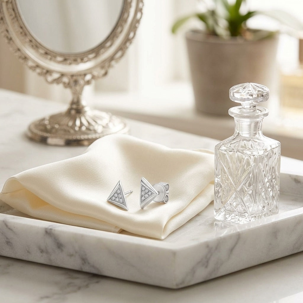 Micro Pave Triangle Stud Earrings in 14k White Gold — marble silk