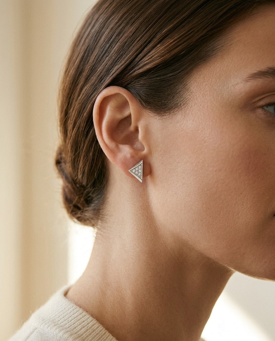 Micro Pave Triangle Stud Earrings in 14k White Gold — portrait close