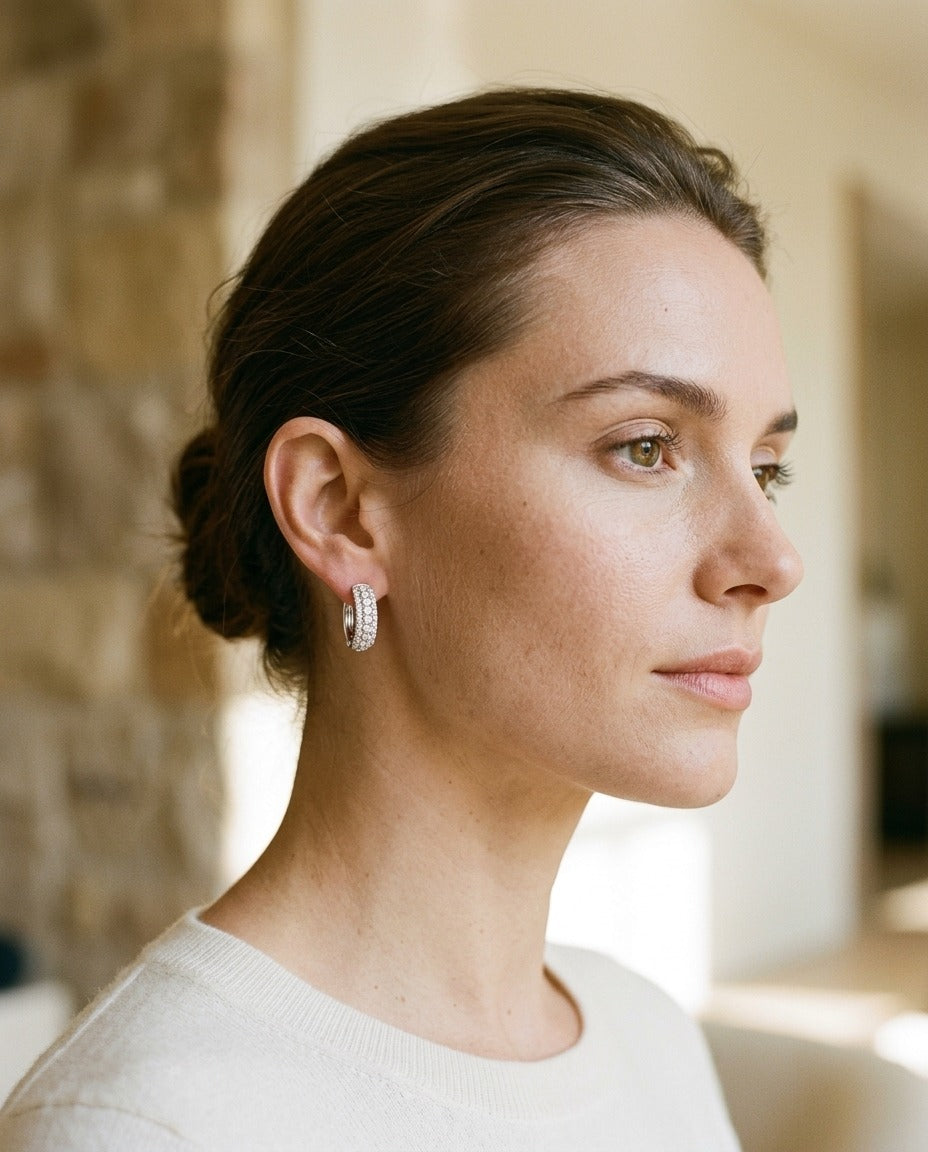 Diamond Pave Hoop Earrings in 14k White Gold — portrait close