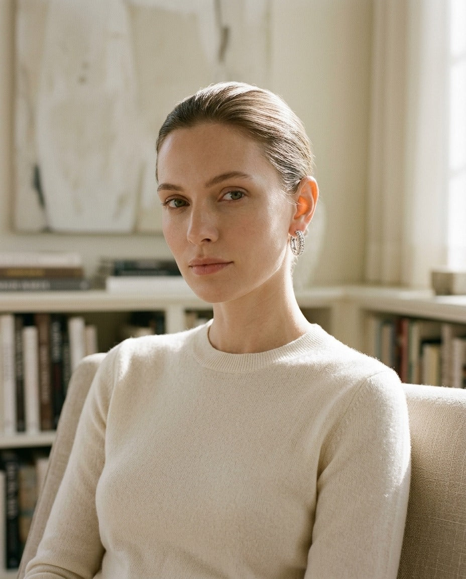 Diamond Pave Hoop Earrings in 14k White Gold — portrait full