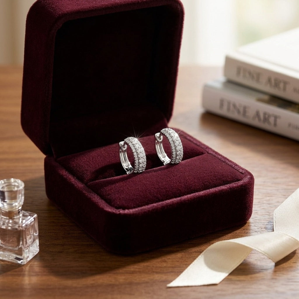 Diamond Pave Hoop Earrings in 14k White Gold — velvet box
