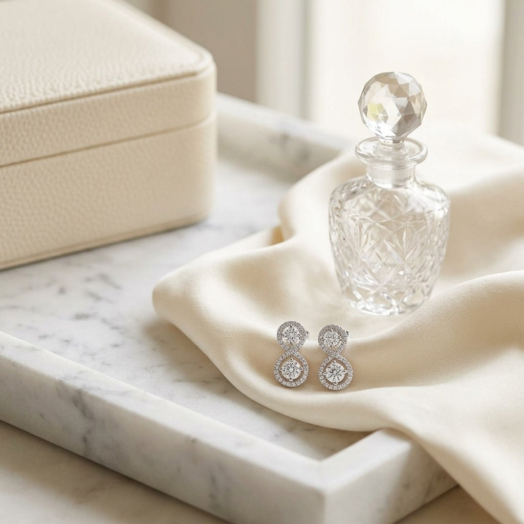 Double Diamond Infinity Pave Drop 2 Stone Earrings in 14k White Gold — marble silk