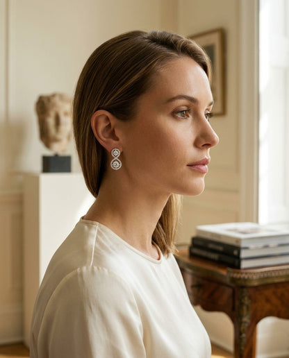 Double Diamond Infinity Pave Drop 2 Stone Earrings in 14k White Gold — portrait close