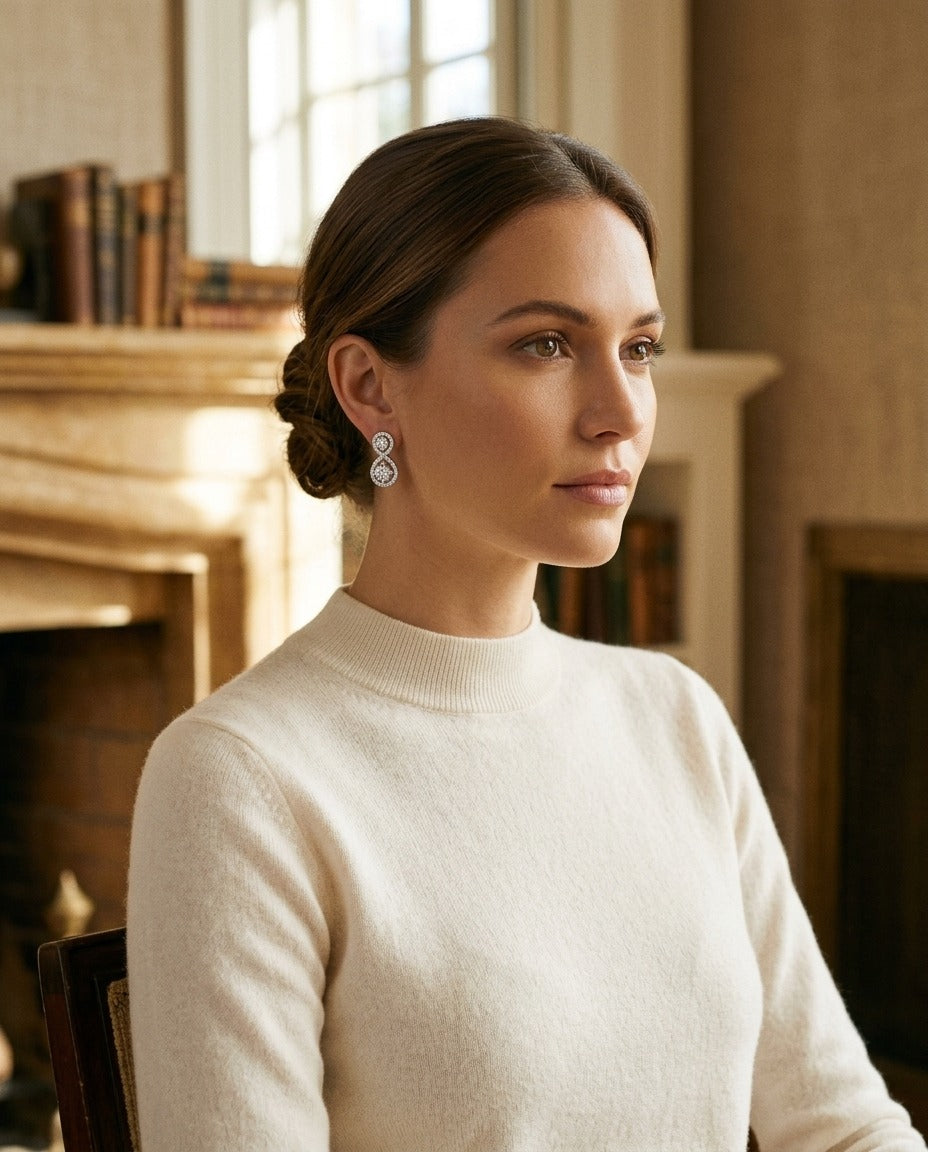 Double Diamond Infinity Pave Drop 2 Stone Earrings in 14k White Gold — portrait full