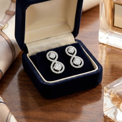Double Diamond Infinity Pave Drop 2 Stone Earrings in 14k White Gold — velvet box