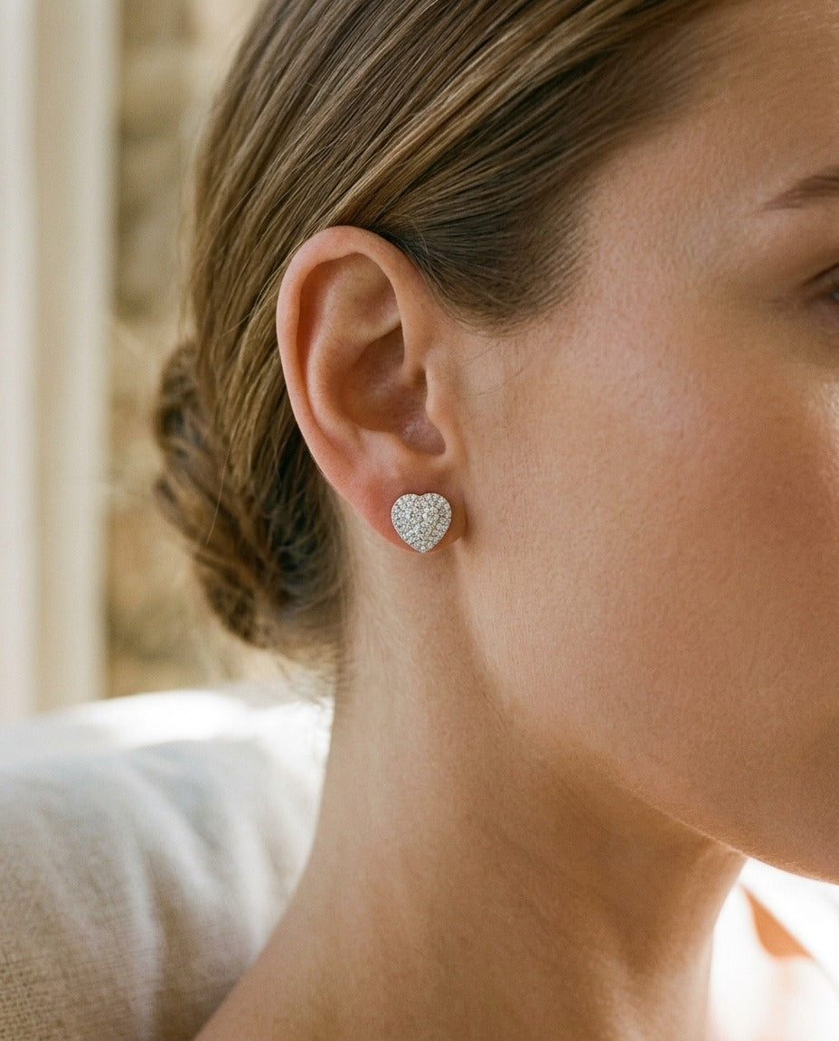 Diamond Cluster Heart Earrings in 14k White Gold 9/10ctw — portrait close