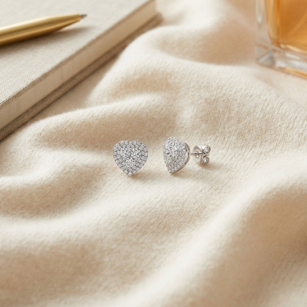 Diamond Cluster Heart Earrings in 14k White Gold 9/10ctw — textile flat lay