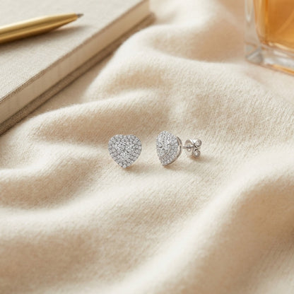 Diamond Cluster Heart Earrings in 14k White Gold 9/10ctw — textile flat lay