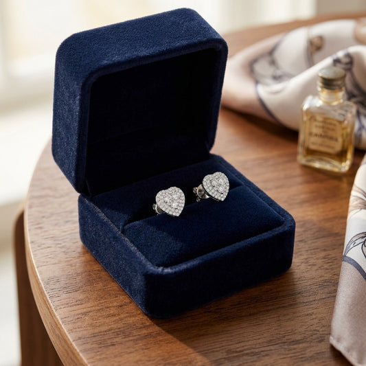 Diamond Cluster Heart Earrings in 14k White Gold 9/10ctw — velvet box
