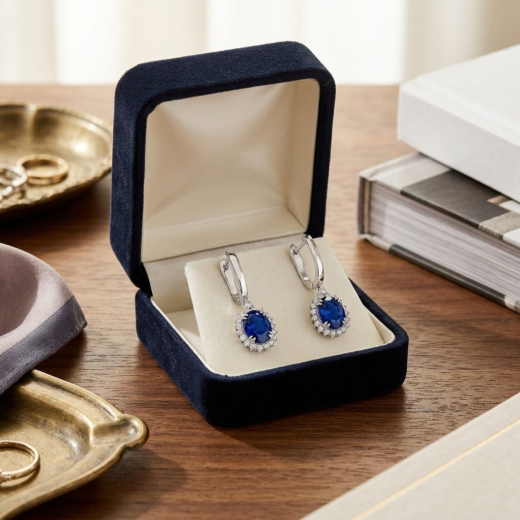 Sapphire Oval and Diamond Starburst Frame Earrings in 14k White Gold (7x5mm) — velvet box
