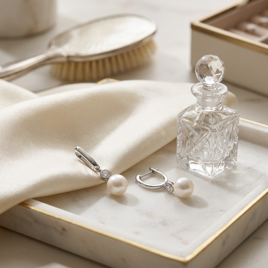 Akoya Pearl and Bezel Diamond Earrings in 14k White Gold 1/5ctw — marble silk