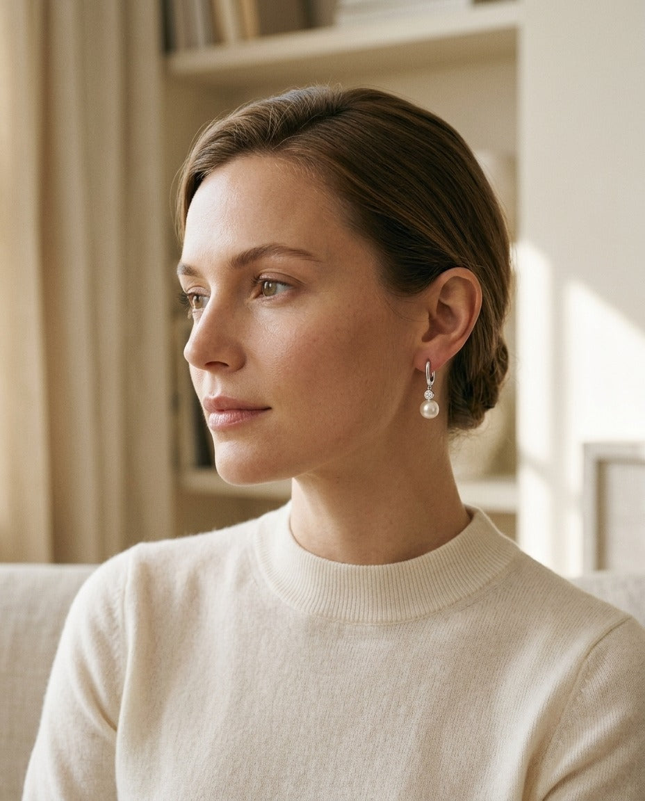 Akoya Pearl and Bezel Diamond Earrings in 14k White Gold 1/5ctw — portrait close