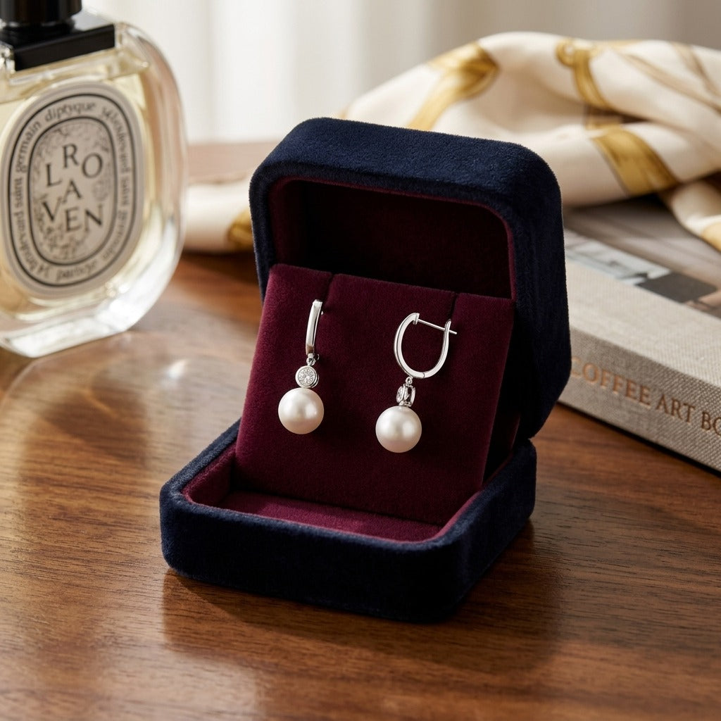 Akoya Pearl and Bezel Diamond Earrings in 14k White Gold 1/5ctw — velvet box