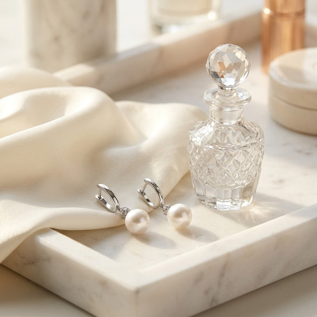 Akoya Pearl and Diamond Dangle Earrings in 14k White Gold — marble silk