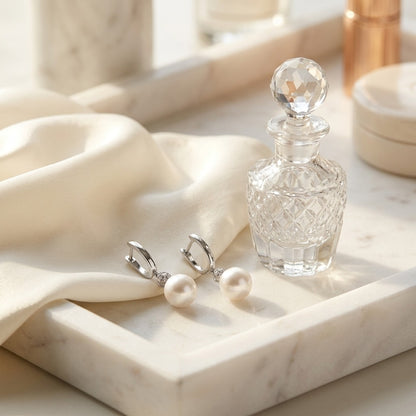 Akoya Pearl and Diamond Dangle Earrings in 14k White Gold — marble silk