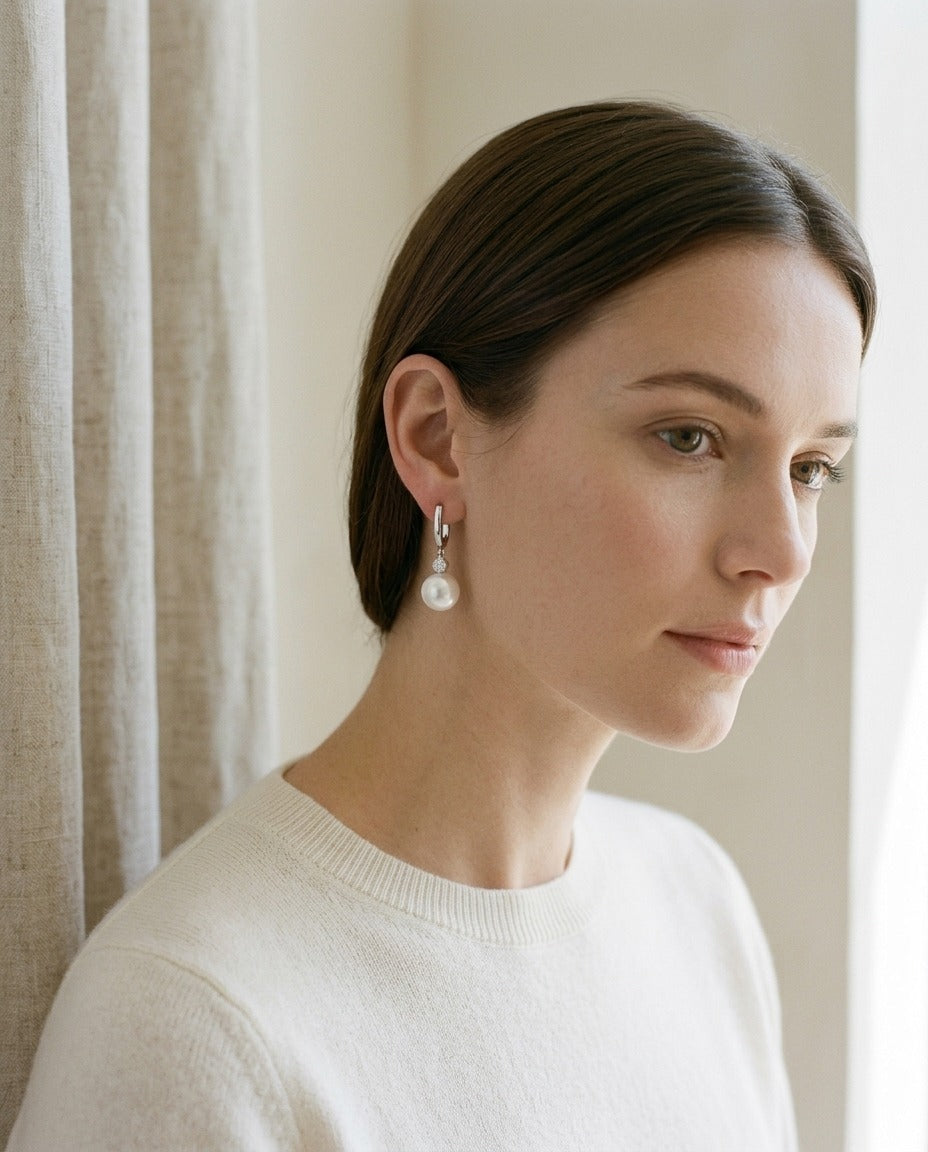 Akoya Pearl and Diamond Dangle Earrings in 14k White Gold — portrait close