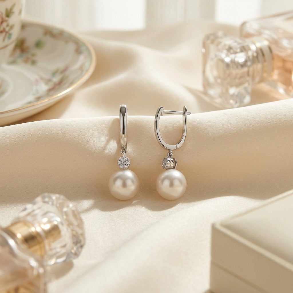 Akoya Pearl and Diamond Dangle Earrings in 14k White Gold — textile flat lay