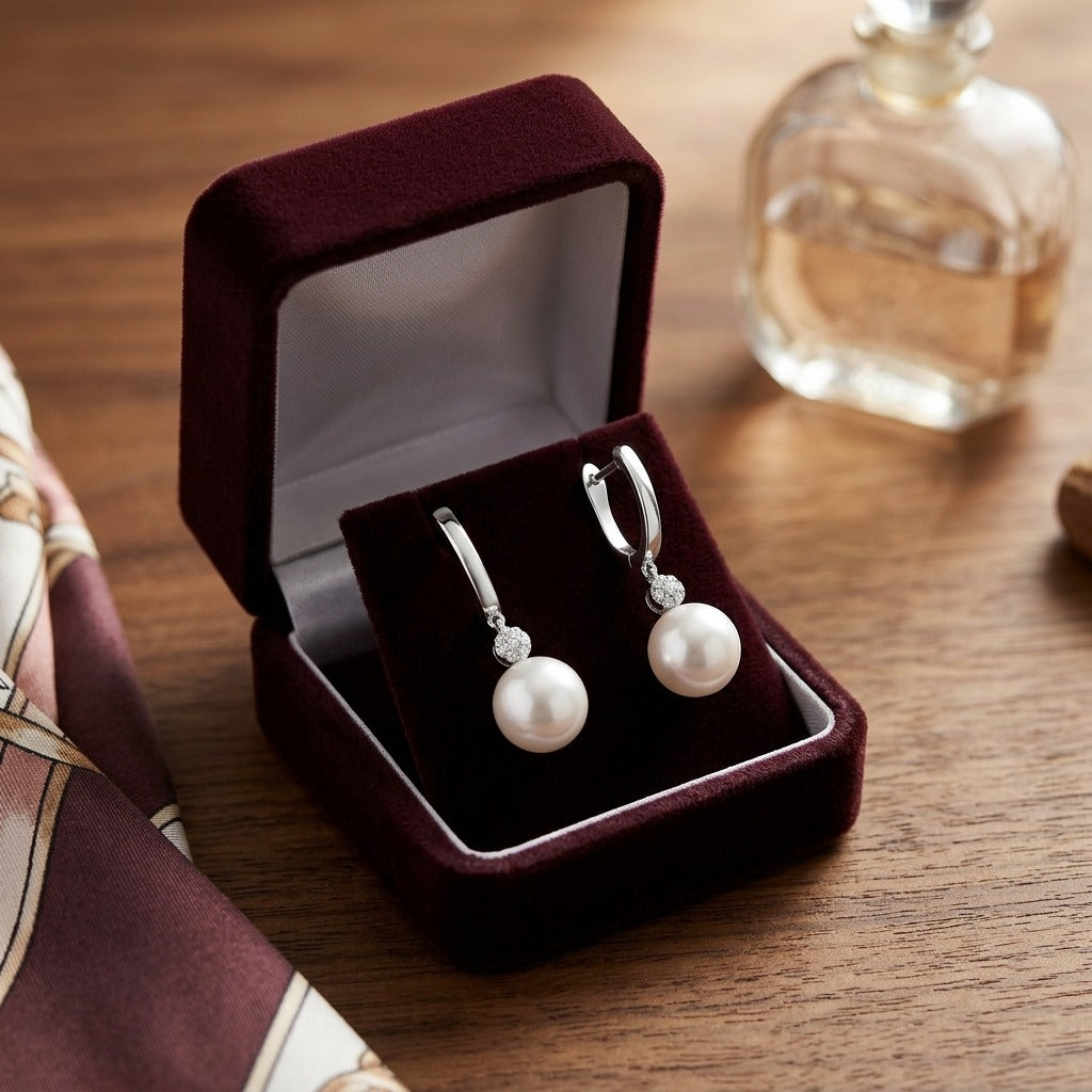 Akoya Pearl and Diamond Dangle Earrings in 14k White Gold — velvet box