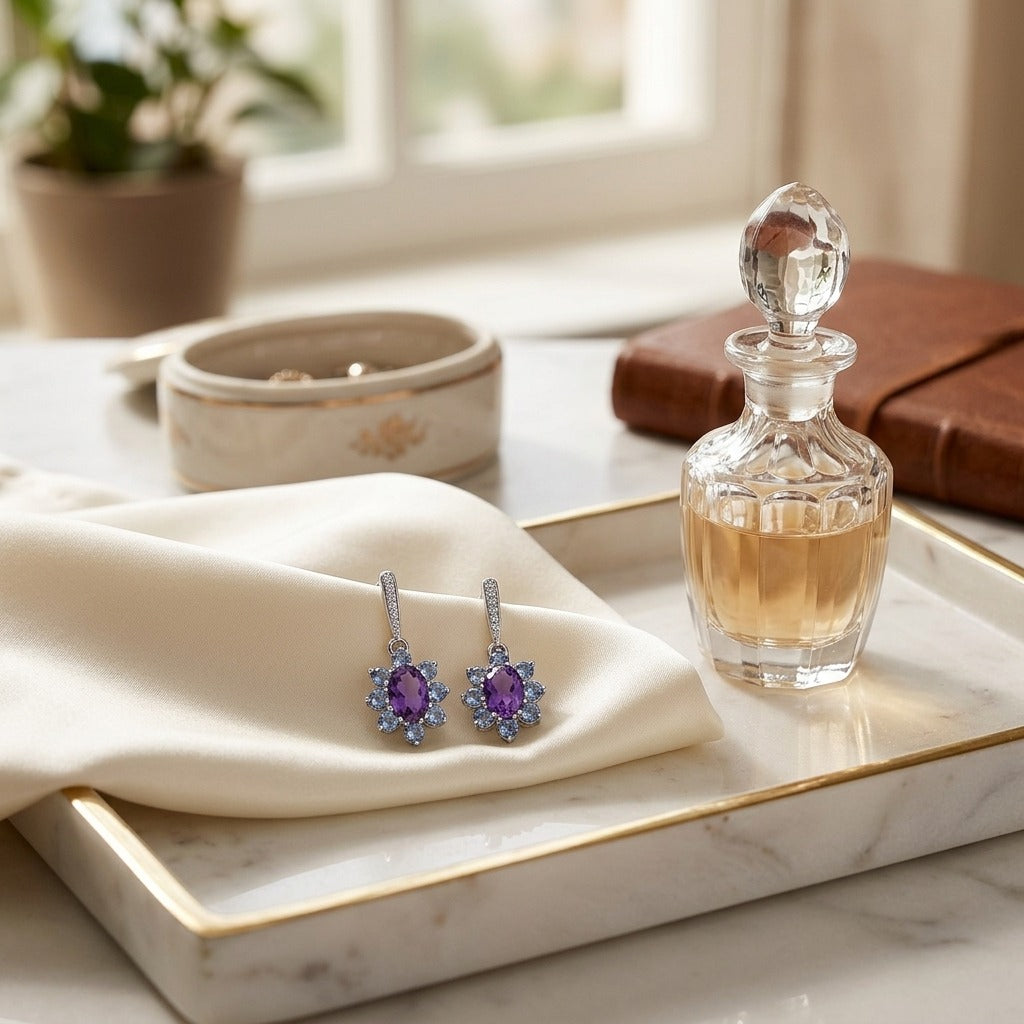 Amethyst, Iolite and Diamond Floral Drop Earrings in 14k White Gold — marble silk