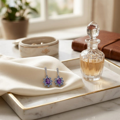 Amethyst, Iolite and Diamond Floral Drop Earrings in 14k White Gold — marble silk