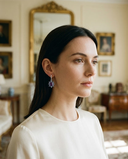 Amethyst, Iolite and Diamond Floral Drop Earrings in 14k White Gold — portrait close