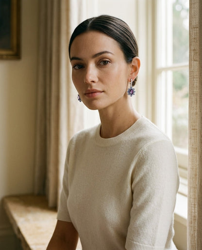 Amethyst, Iolite and Diamond Floral Drop Earrings in 14k White Gold — portrait full