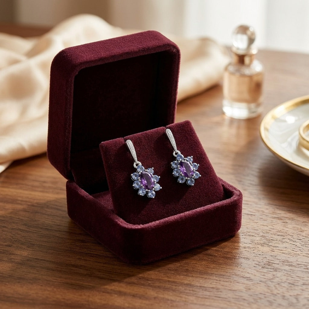 Amethyst, Iolite and Diamond Floral Drop Earrings in 14k White Gold — velvet box