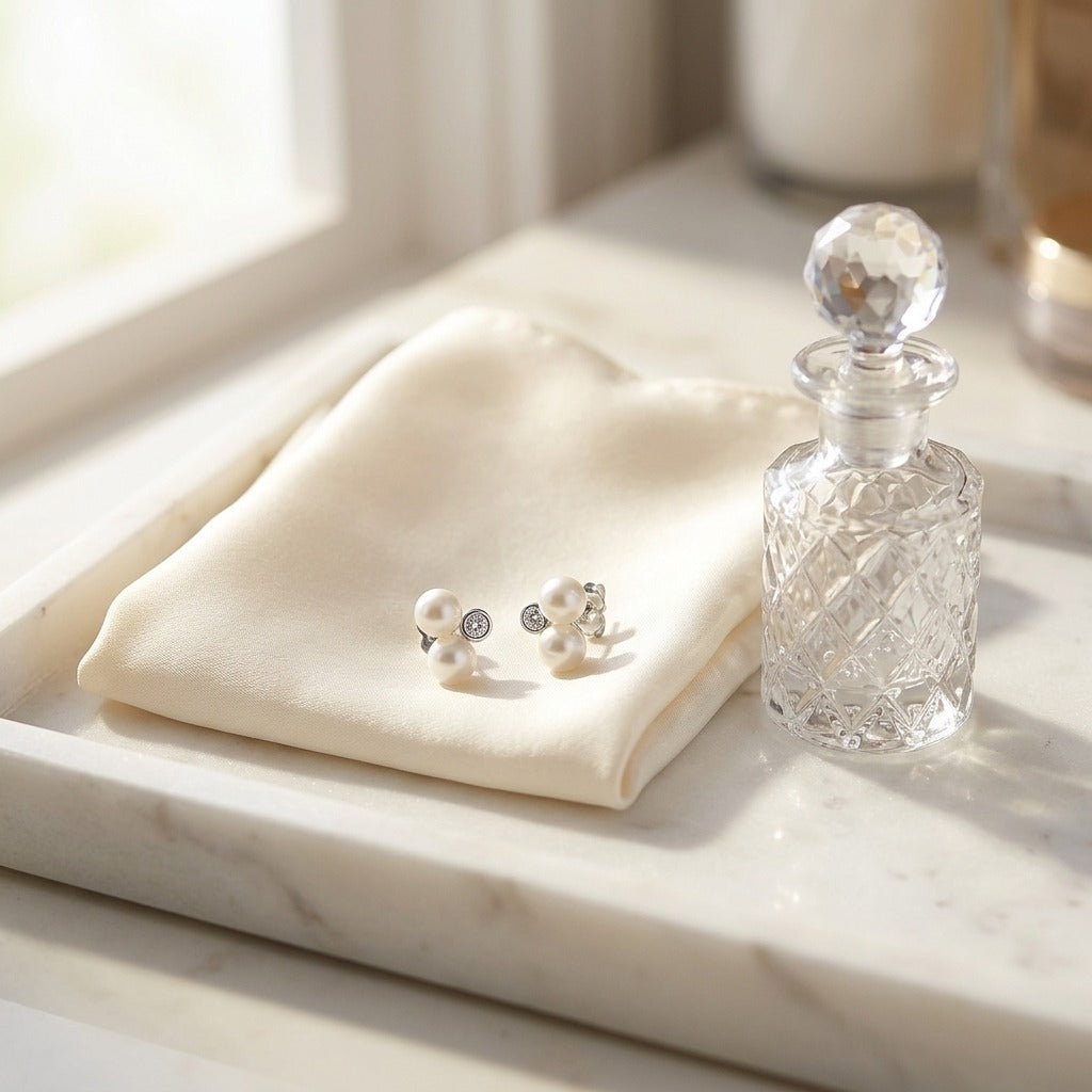 White Pearl and Diamond Bezel Duo Earring in 14k White Gold (4.0-5.5mm) — marble silk