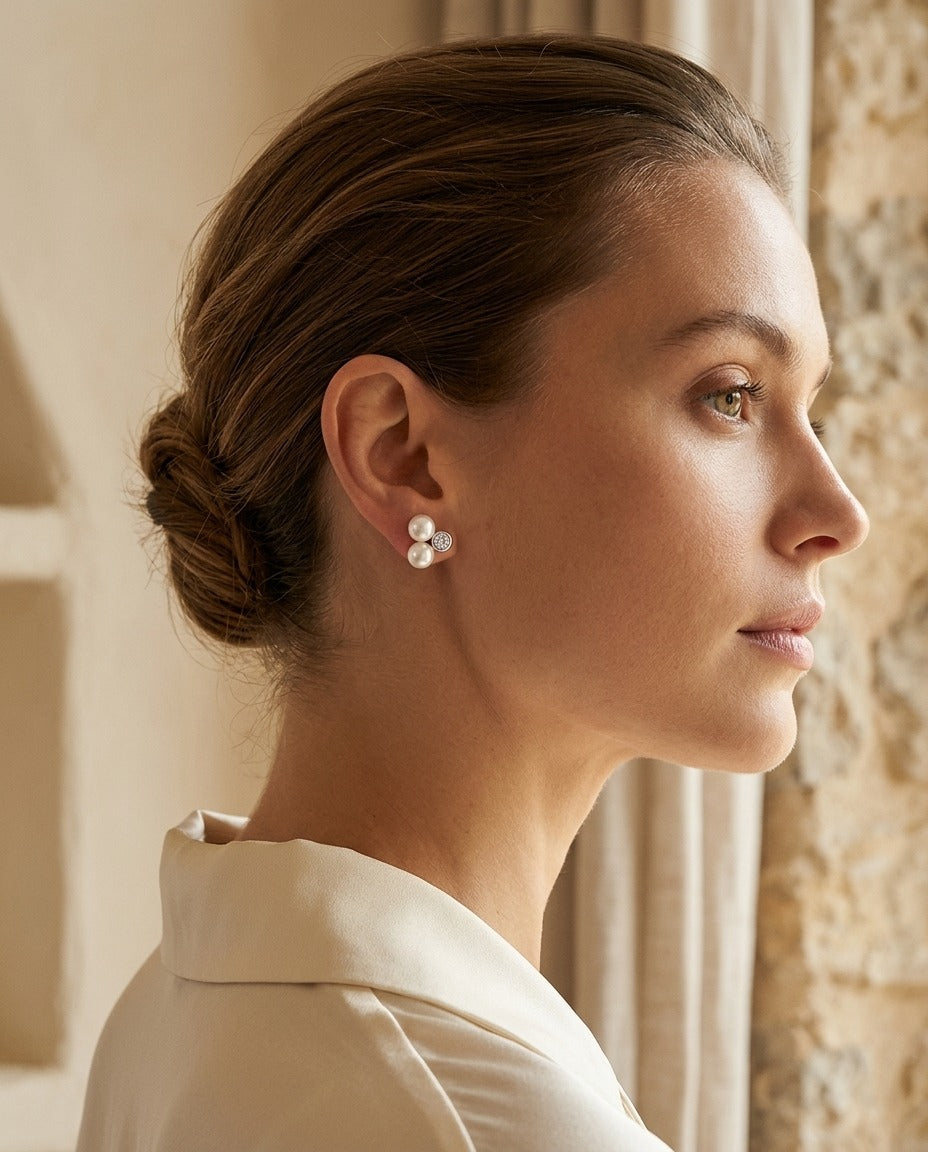 White Pearl and Diamond Bezel Duo Earring in 14k White Gold (4.0-5.5mm) — portrait close