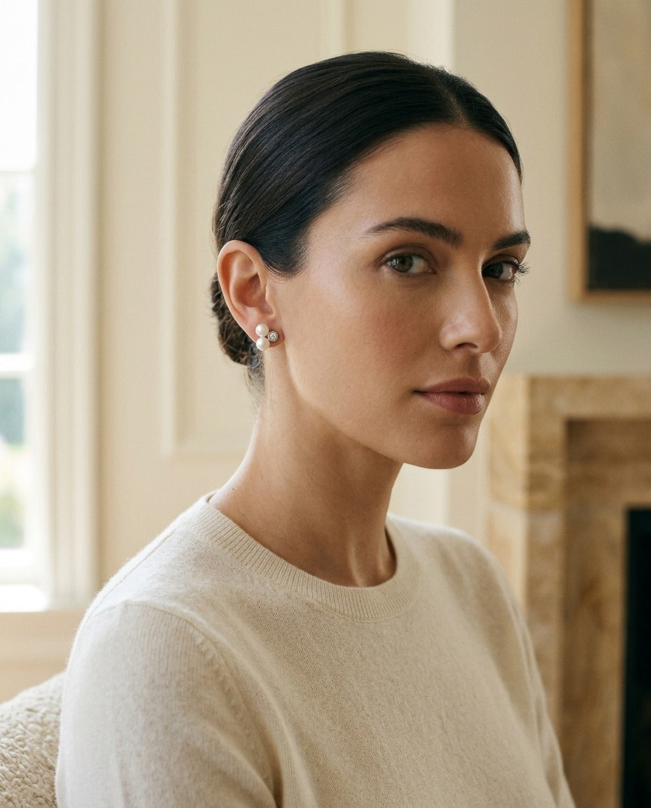 White Pearl and Diamond Bezel Duo Earring in 14k White Gold (4.0-5.5mm) — portrait full