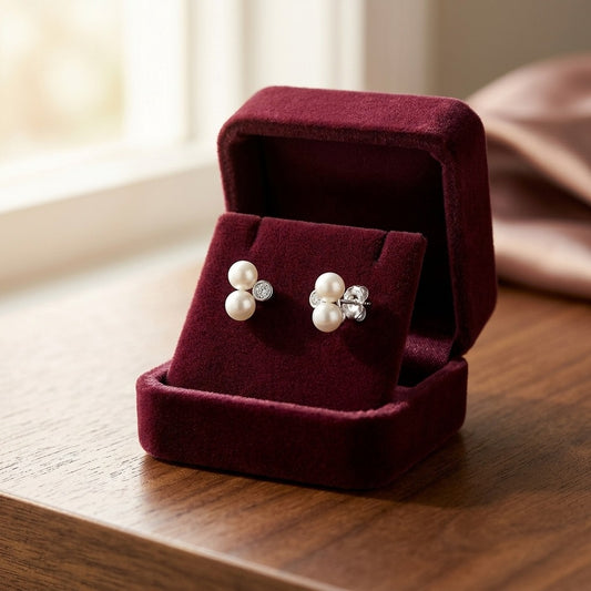 White Pearl and Diamond Bezel Duo Earring in 14k White Gold (4.0-5.5mm) — velvet box