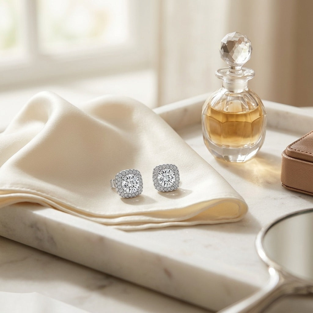 Diamond Pave Double Halo Earring in 14k White Gold — marble silk
